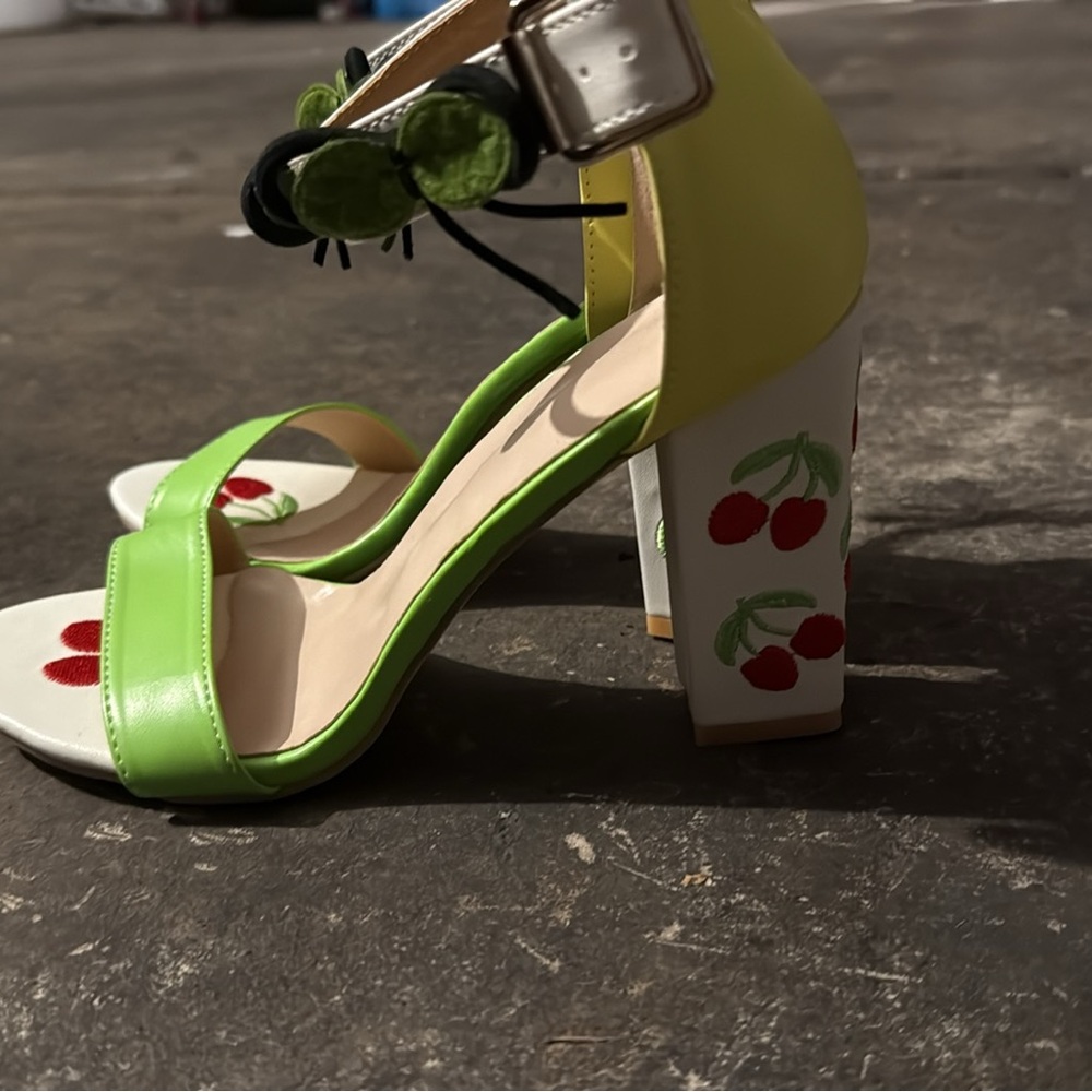 Cherry Embellished Green and Yellow Women's Sandals